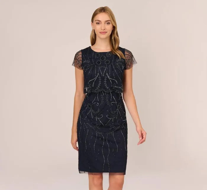 Midi Dresses Womens Adrianna Papell Short Sleeve Beaded Cocktail Dress With Popover In Midnight Midi Dresses Womens Adrianna Papell Short Sleeve Beaded Cocktail Dress With Popover In Midnight