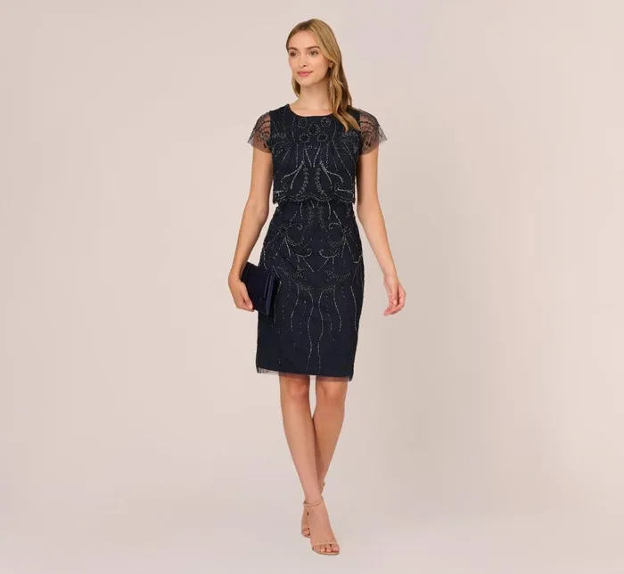 Midi Dresses Womens Adrianna Papell Short Sleeve Beaded Cocktail Dress With Popover In Midnight