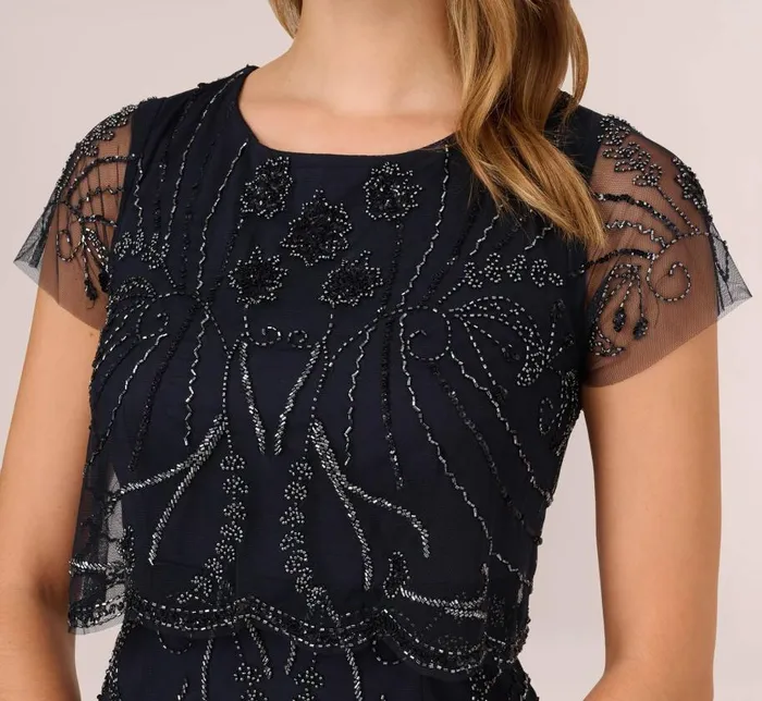 Midi Dresses Womens Adrianna Papell Short Sleeve Beaded Cocktail Dress With Popover In Midnight