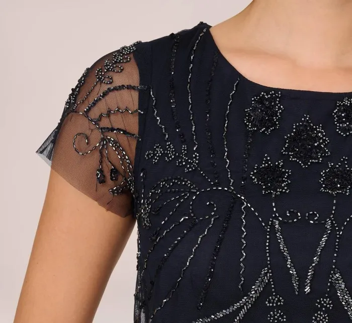 Midi Dresses Womens Adrianna Papell Short Sleeve Beaded Cocktail Dress With Popover In Midnight