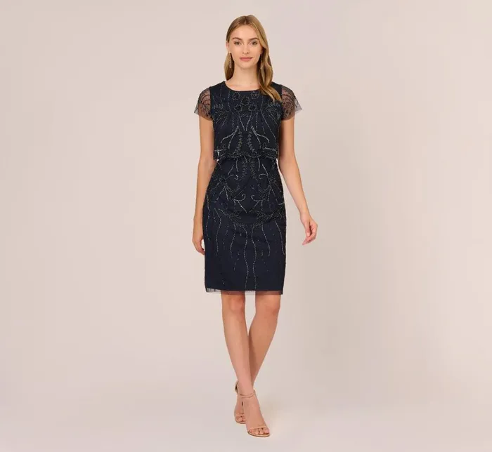 Midi Dresses Womens Adrianna Papell Short Sleeve Beaded Cocktail Dress With Popover In Midnight