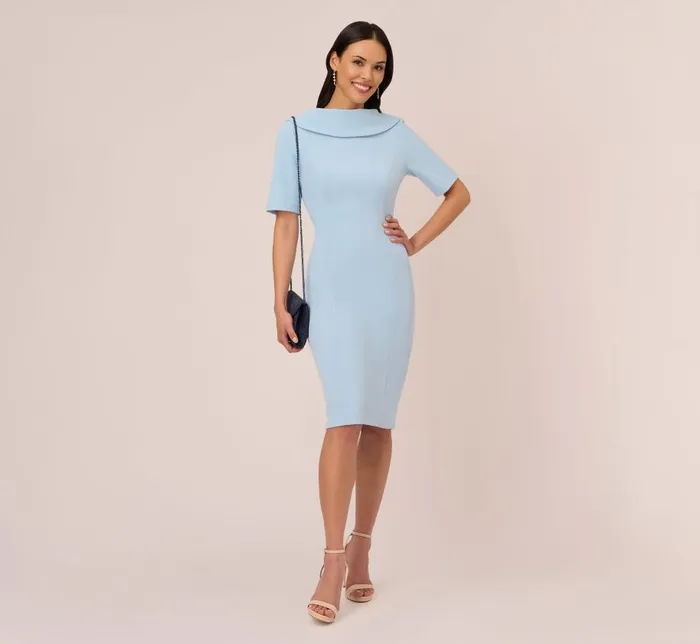 Midi Dresses Womens Adrianna Papell Short Sleeve Crepe Dress With Rolled Neck In Blue Mist