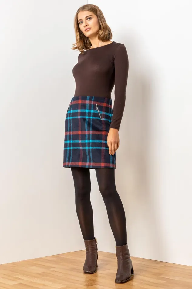 Midnight Blue Checked Zip Detail Brushed Skirt Women Roman Skirts