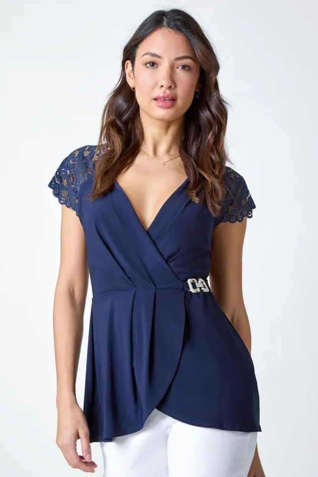 Midnight Blue Lace Trim Stretch VNeck Wrap Top Women Roman Tops