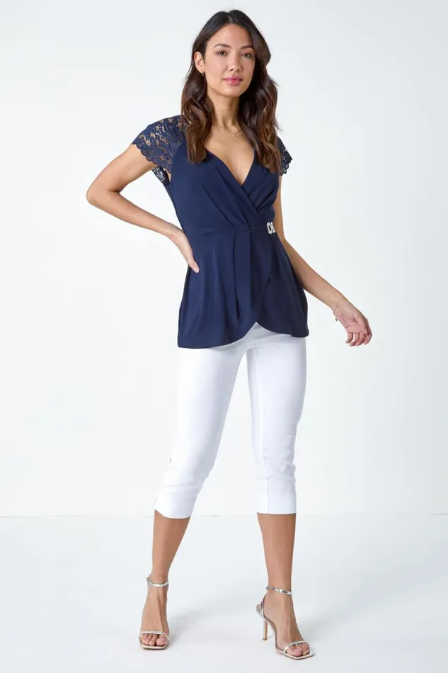 Midnight Blue Lace Trim Stretch VNeck Wrap Top Women Roman Tops