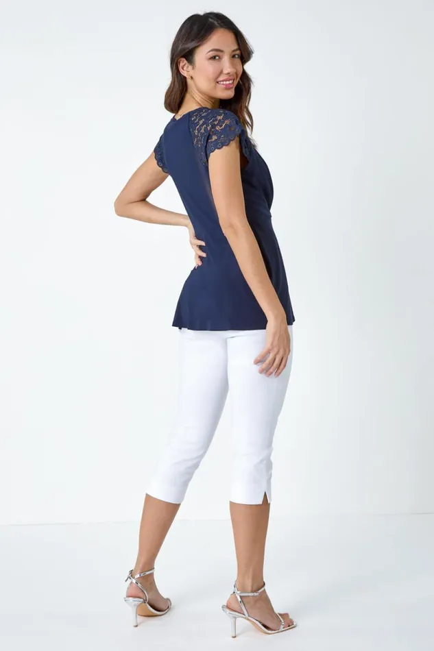 Midnight Blue Lace Trim Stretch VNeck Wrap Top Women Roman Tops