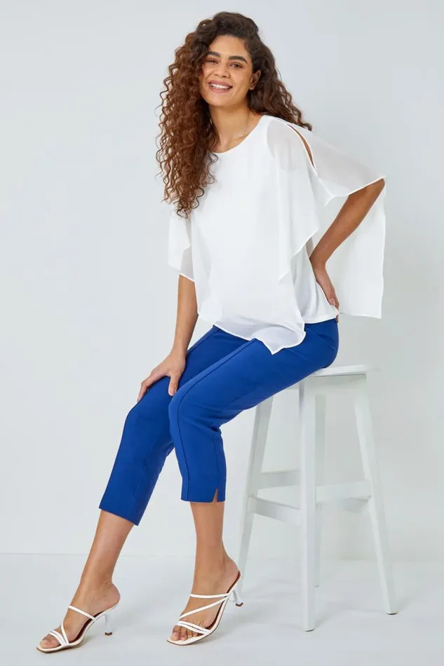 Midnight Blue Seam Detail Elastic Waist Cropped Trousers Women Roman Occasionwear