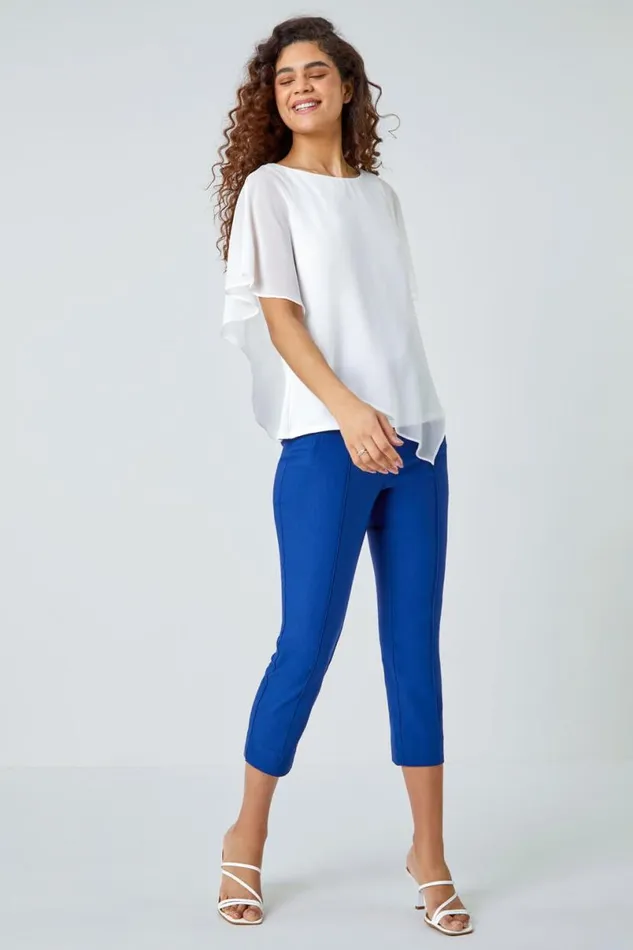Midnight Blue Seam Detail Elastic Waist Cropped Trousers Women Roman Occasionwear