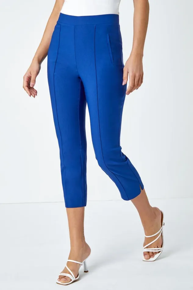 Midnight Blue Seam Detail Elastic Waist Cropped Trousers Women Roman Occasionwear