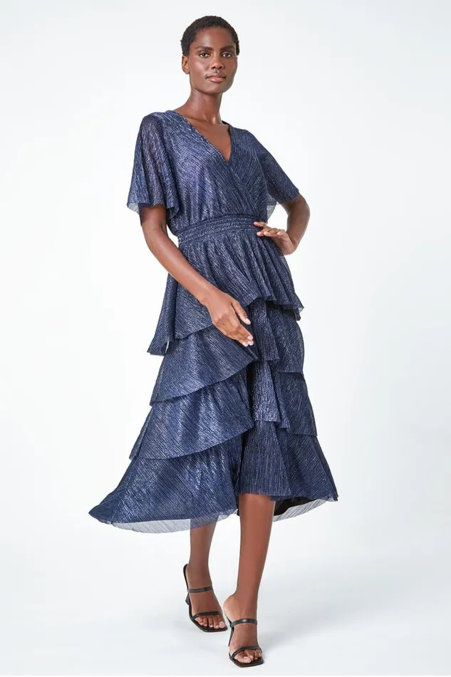 Midnight Blue Shimmer Chiffon Tiered Midi Dress Women Roman Dresses