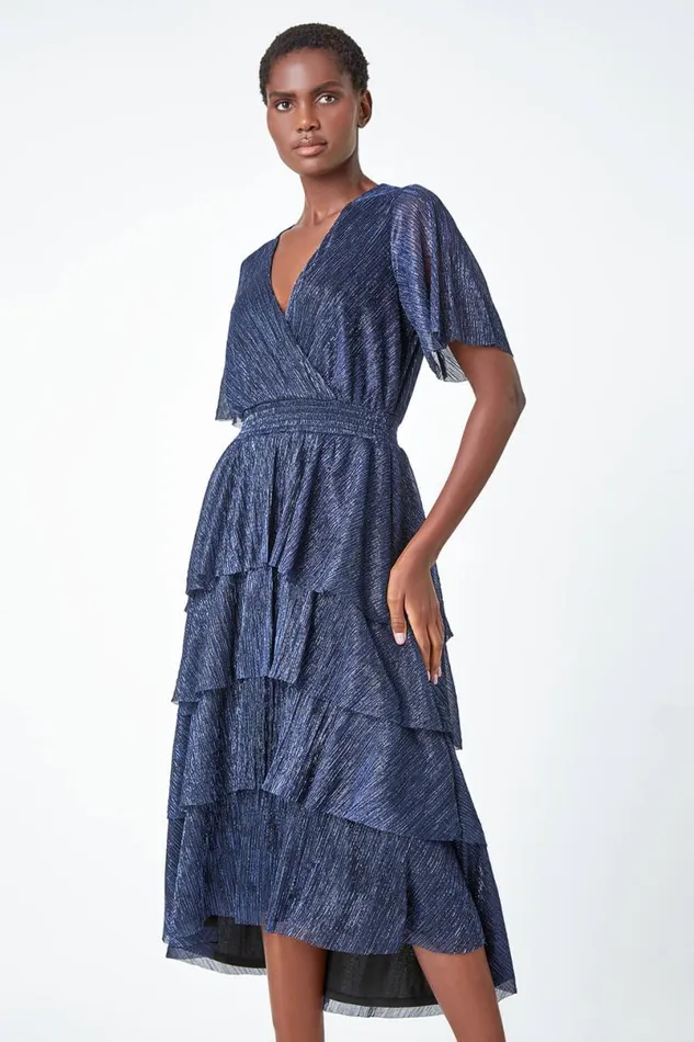 Midnight Blue Shimmer Chiffon Tiered Midi Dress Women Roman Dresses