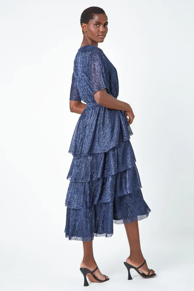Midnight Blue Shimmer Chiffon Tiered Midi Dress Women Roman Dresses