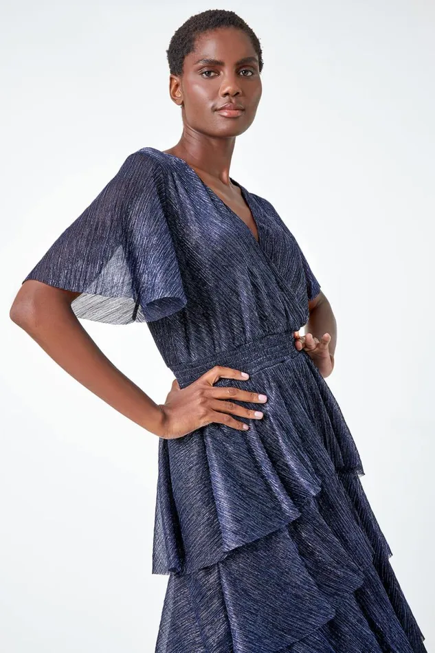 Midnight Blue Shimmer Chiffon Tiered Midi Dress Women Roman Dresses