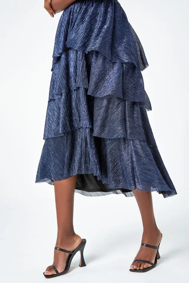 Midnight Blue Shimmer Chiffon Tiered Midi Dress Women Roman Dresses