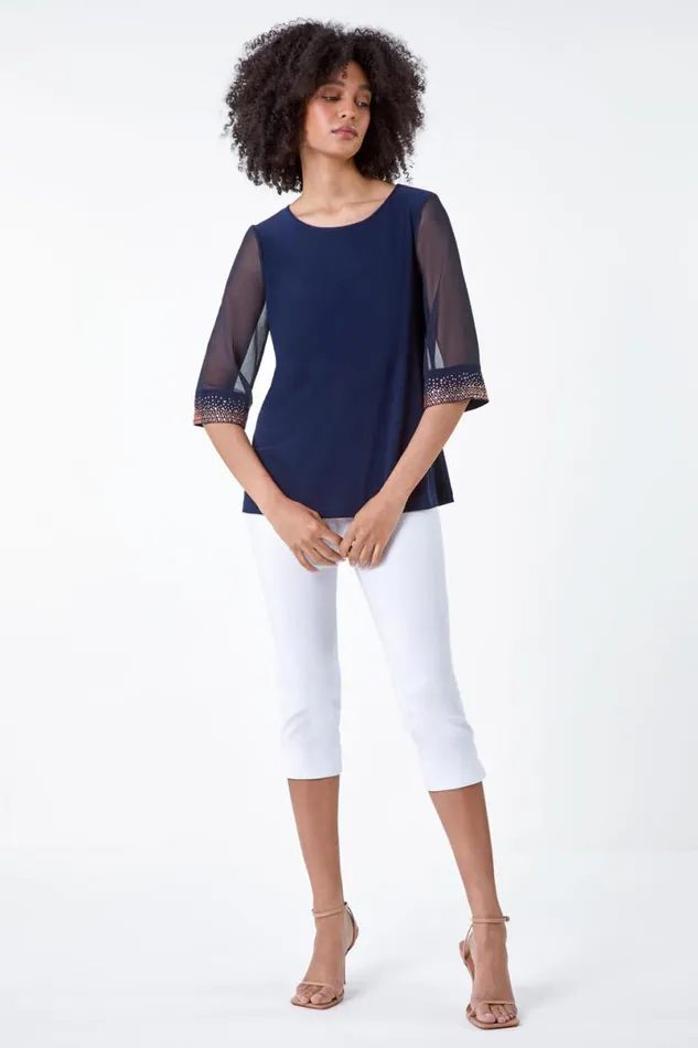 Midnight Blue Sparkle Embellished Cuff Chiffon Top Women Roman Tops