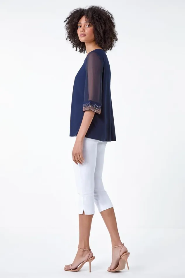 Midnight Blue Sparkle Embellished Cuff Chiffon Top Women Roman Tops