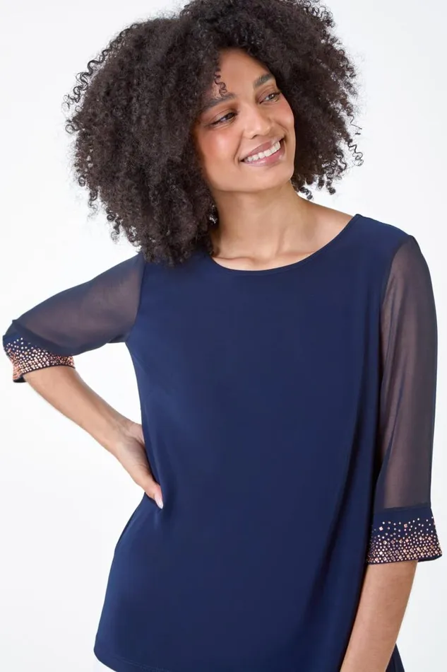 Midnight Blue Sparkle Embellished Cuff Chiffon Top Women Roman Tops
