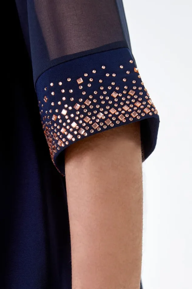 Midnight Blue Sparkle Embellished Cuff Chiffon Top Women Roman Tops