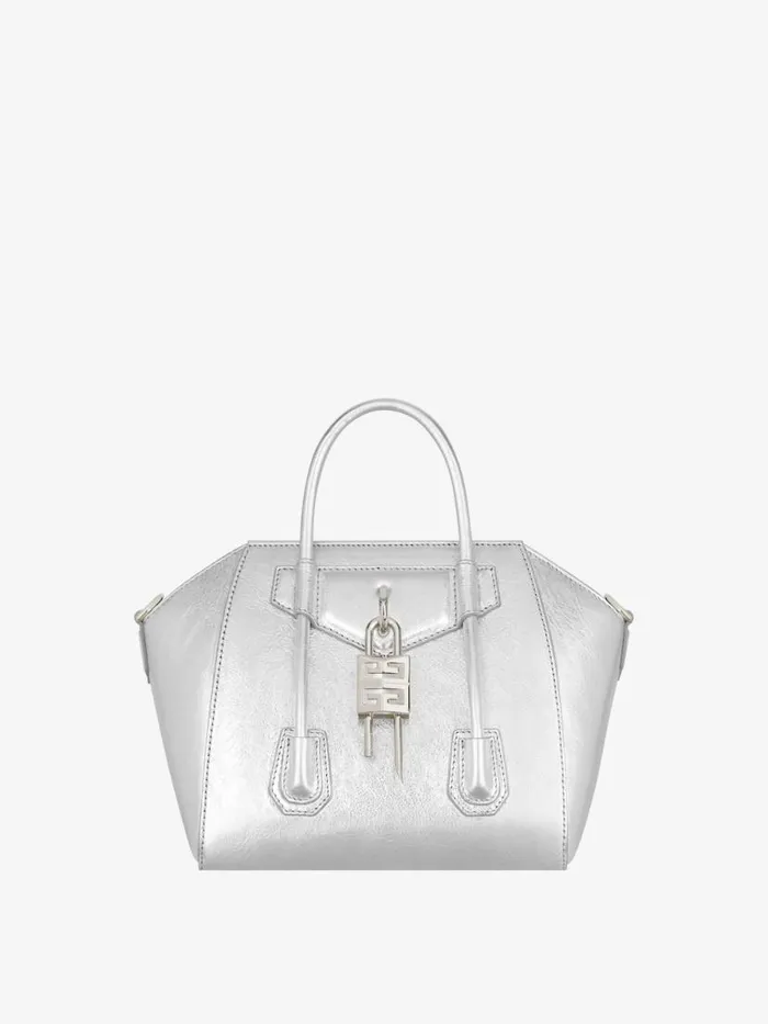 Mini Antigona Lock Bag In Metallized Leather Silvery Grey Women Givenchy Crossbody Bags