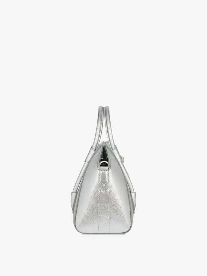 Mini Antigona Lock Bag In Metallized Leather Silvery Grey Women Givenchy Crossbody Bags