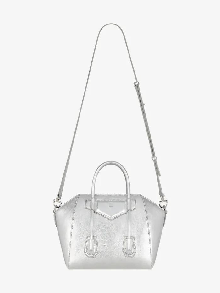Mini Antigona Lock Bag In Metallized Leather Silvery Grey Women Givenchy Crossbody Bags
