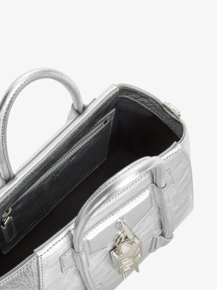 Mini Antigona Lock Bag In Metallized Leather Silvery Grey Women Givenchy Crossbody Bags