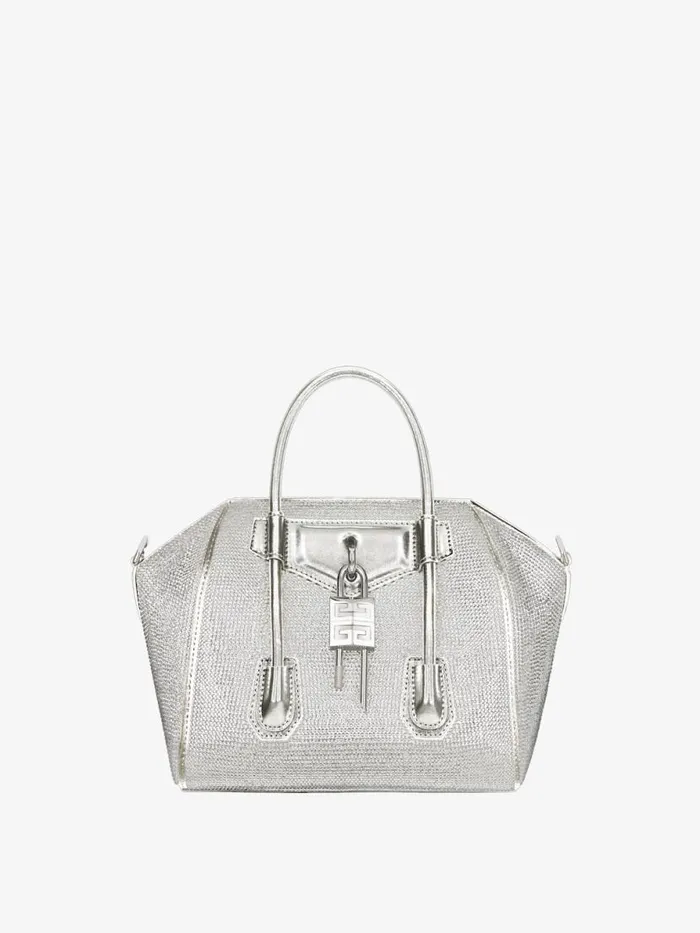 Mini Antigona Lock Bag In Satin Strass And Leather Silvery Grey Women Givenchy Crossbody Bags