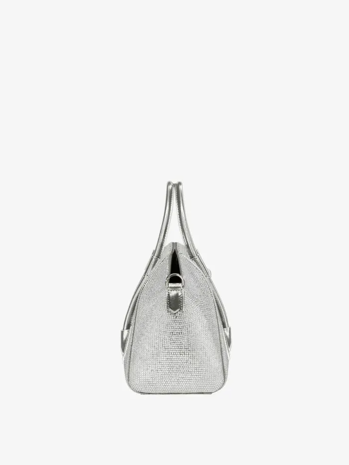 Mini Antigona Lock Bag In Satin Strass And Leather Silvery Grey Women Givenchy Crossbody Bags