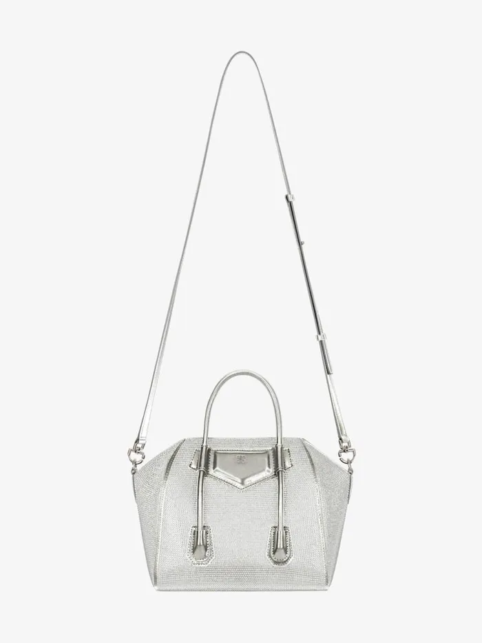 Mini Antigona Lock Bag In Satin Strass And Leather Silvery Grey Women Givenchy Crossbody Bags