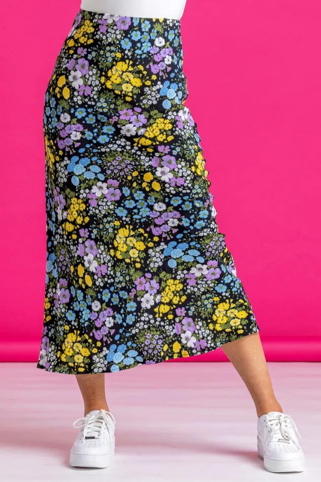 Multi Floral Print Jersey Skirt Women Roman Skirts