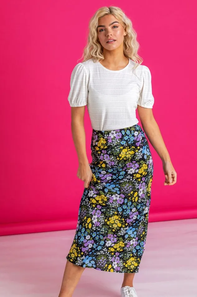 Multi Floral Print Jersey Skirt Women Roman Skirts