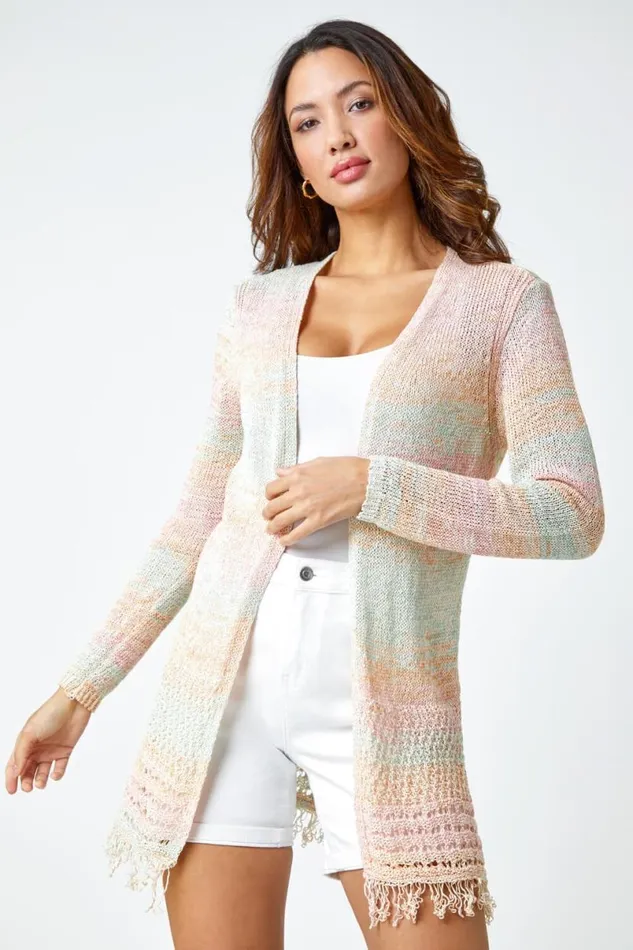 Multi Fringed Edge Longline Stripe Cardigan Women Roman Knitwear