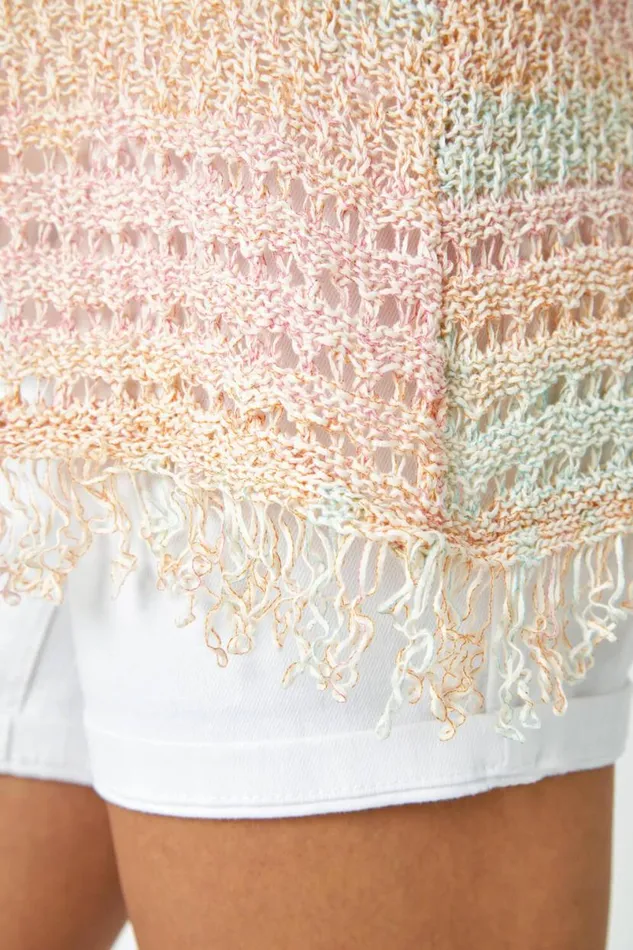 Multi Fringed Edge Longline Stripe Cardigan Women Roman Knitwear