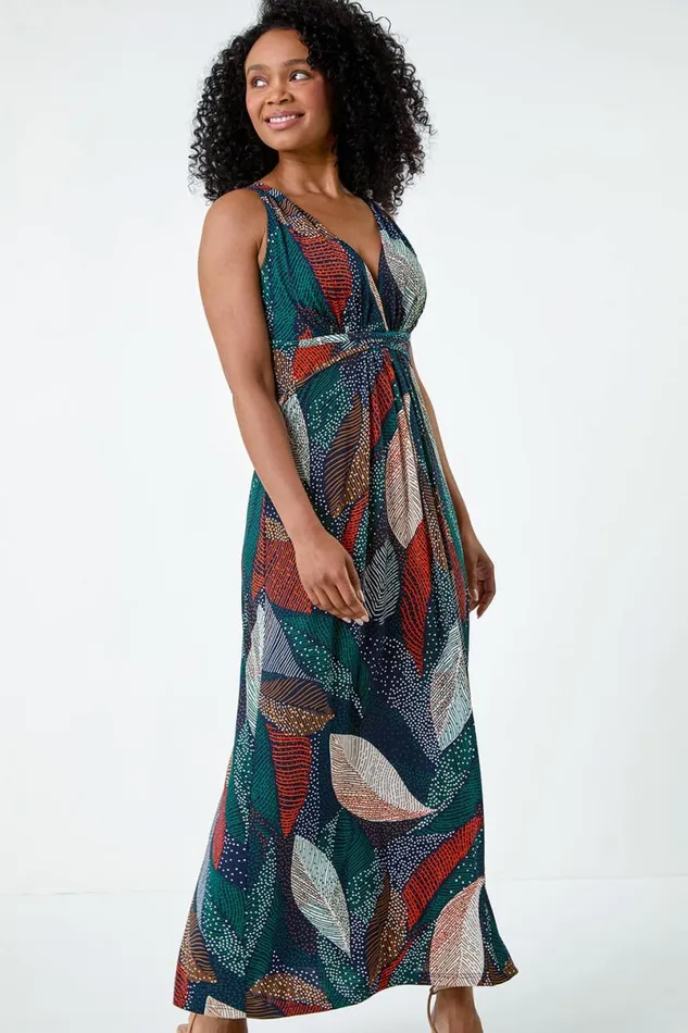 Multi Petite Leaf Print Stretch Maxi Dress Women Roman Dresses