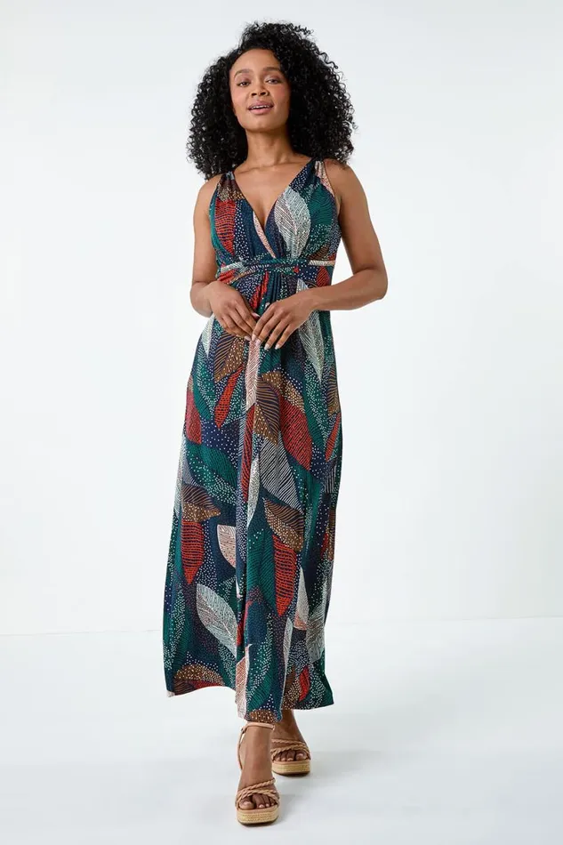 Multi Petite Leaf Print Stretch Maxi Dress Women Roman Dresses