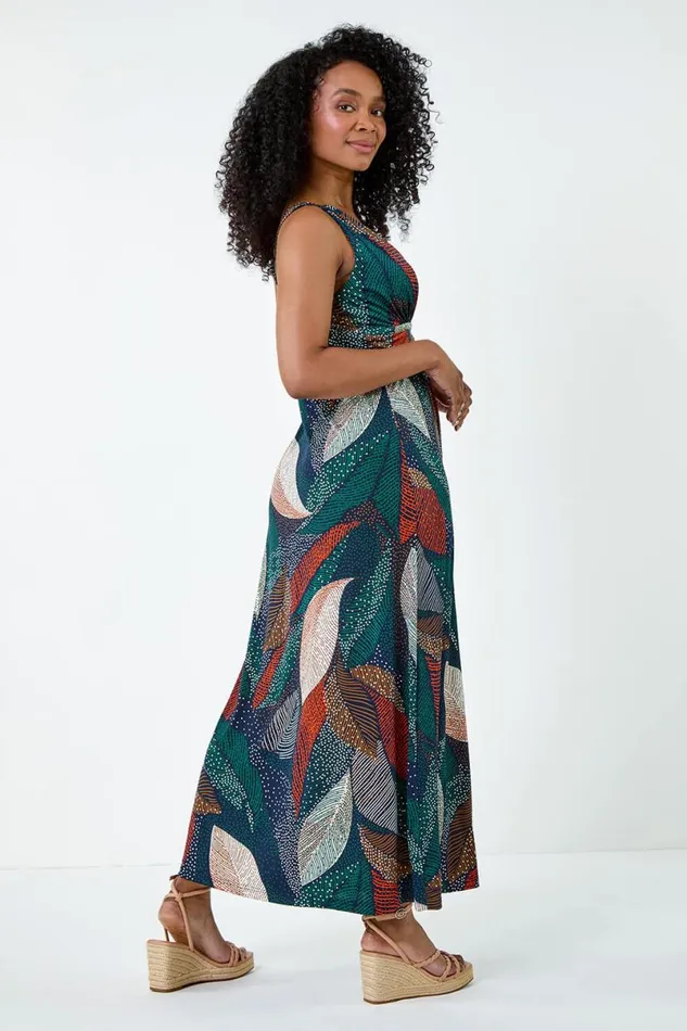 Multi Petite Leaf Print Stretch Maxi Dress Women Roman Dresses