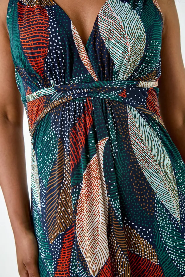 Multi Petite Leaf Print Stretch Maxi Dress Women Roman Dresses