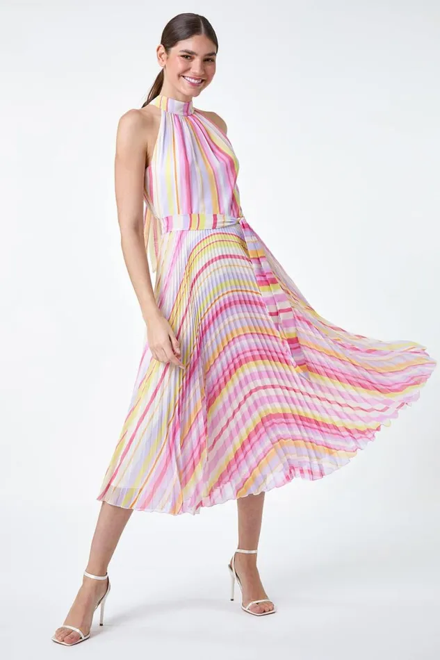 Multi Stripe Print Pleated Midi Dress Women Roman Dresses