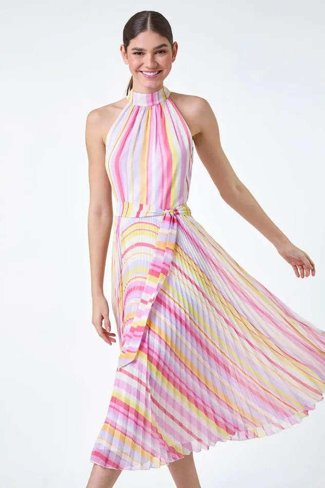 Multi Stripe Print Pleated Midi Dress Women Roman Dresses