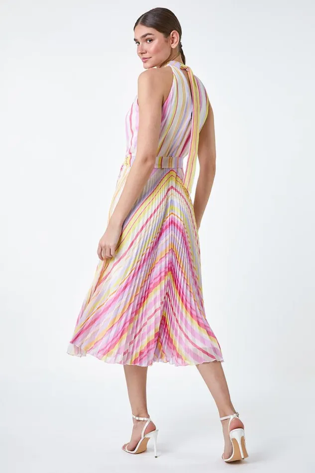 Multi Stripe Print Pleated Midi Dress Women Roman Dresses