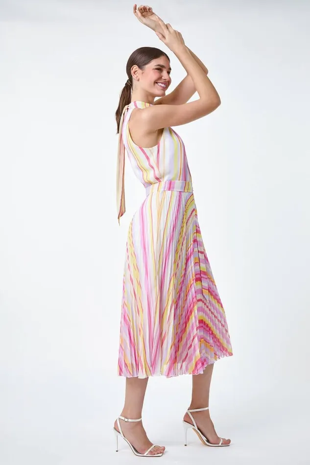 Multi Stripe Print Pleated Midi Dress Women Roman Dresses