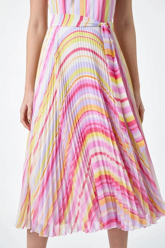 Multi Stripe Print Pleated Midi Dress Women Roman Dresses