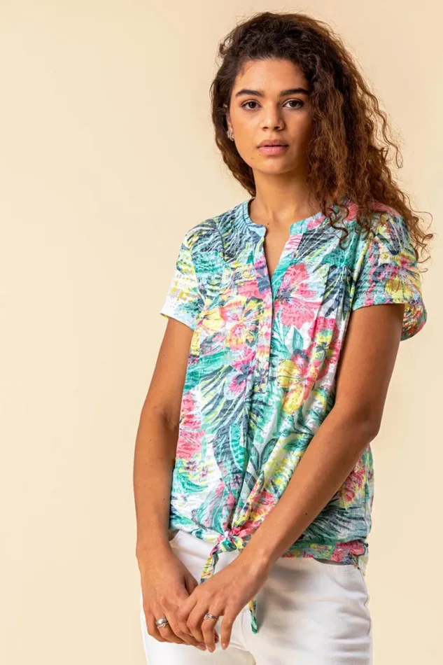 Multi Tie Hem Tropical Print Top Women Roman Tops
