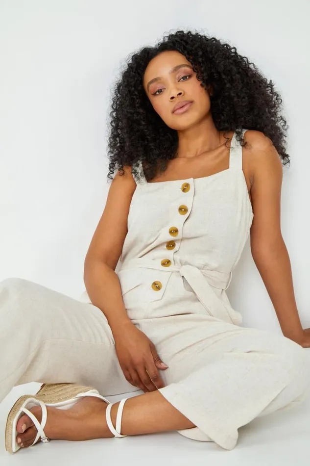 Natural Petite Sleeveless Linen Blend Jumpsuit Women Roman Dresses