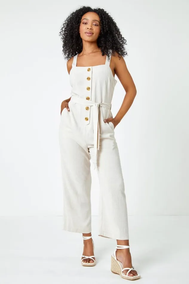Natural Petite Sleeveless Linen Blend Jumpsuit Women Roman Dresses