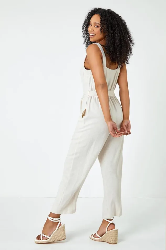 Natural Petite Sleeveless Linen Blend Jumpsuit Women Roman Dresses