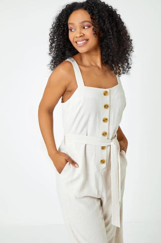 Natural Petite Sleeveless Linen Blend Jumpsuit Women Roman Dresses