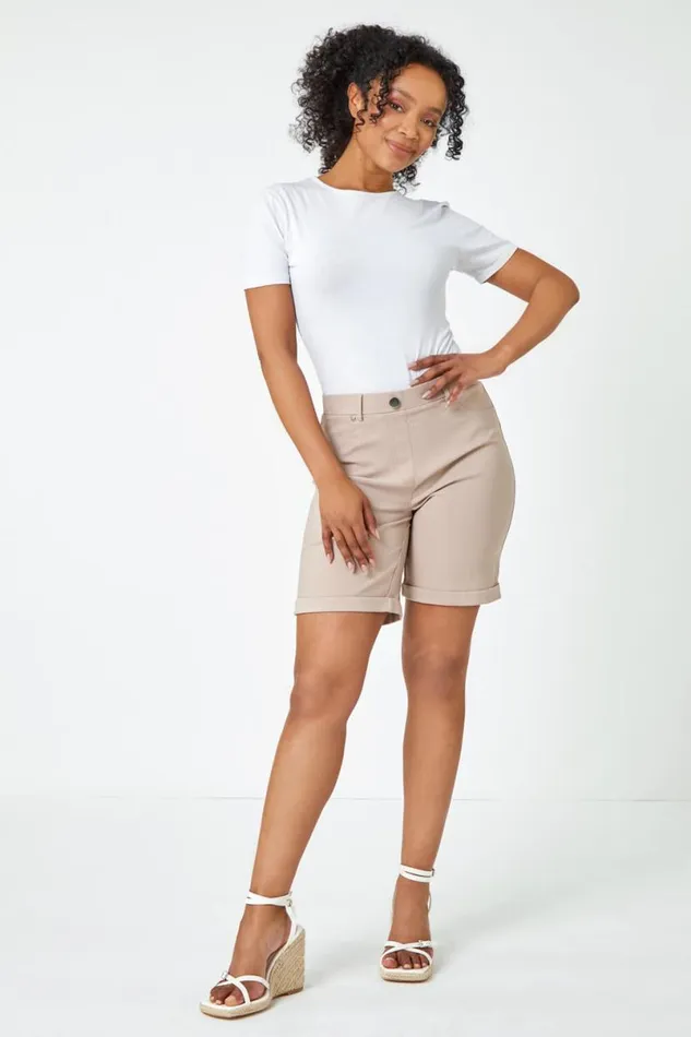 Natural Petite Turned Hem Elastic Waist Shorts Women Roman Coords