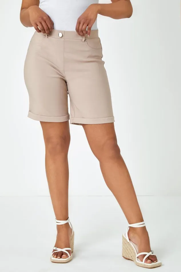 Natural Petite Turned Hem Elastic Waist Shorts Women Roman Coords