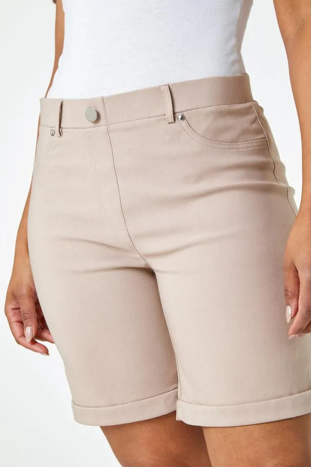 Natural Petite Turned Hem Elastic Waist Shorts Women Roman Coords